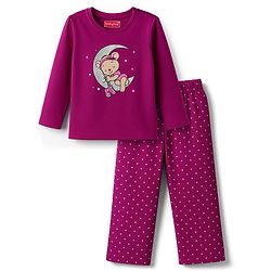 Babyhug Cotton Knit Full Sleeves Night Suit With Polka Dot & Teddy Print - Dark Pink