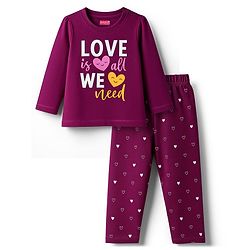 Babyhug Cotton Knit Full Sleeves Night Suit With Text Print - Purple