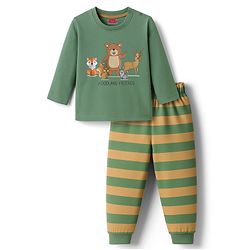 Babyhug 100% Cotton Knit Full Sleeves Night Suit With Animal Print - Green