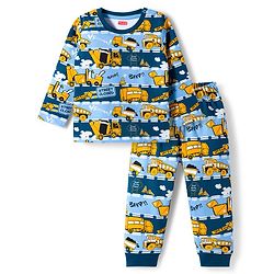 Babyhug Cotton Knit Full Sleeves Co-ords Night Suit With Animal Print - Navy Blue