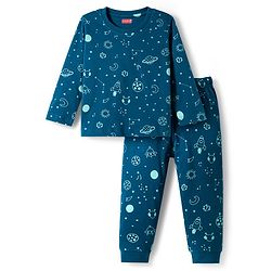 Babyhug Cotton Knit Full Sleeves Co-ord Night Suit With Space Theme Print - Navy Blue