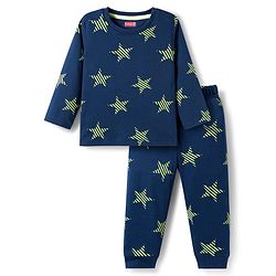 Babyhug Cotton Knit Full Sleeves Co-ords Night Suit With Star Print - Navy Blue