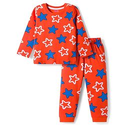 Babyhug Cotton Knit Full Sleeves Co-ords Night Suit With Star Print - Orange