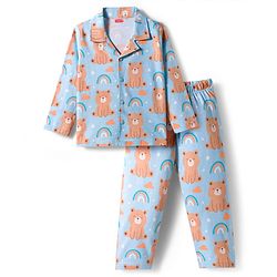 Babyhug Cotton Knit Full Sleeves Co-ords Night Suit With Animal Print - Blue