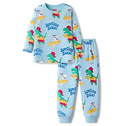 Babyhug Cotton Knit Full Sleeves Co-ords Night Suit With Dino Print - Light Blue