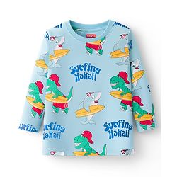 Babyhug Cotton Knit Full Sleeves Co-ords Night Suit With Dino Print - Light Blue