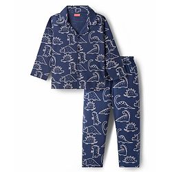 Babyhug Cotton Knit Full Sleeves Co-ords Night Suit With Dino Print - Navy Blue