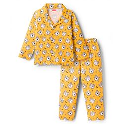 Babyhug Cotton Knit Full Sleeves Co-ords Night Suit With Animal Print - Yellow