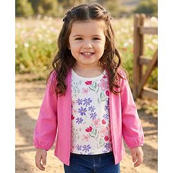 Babyhug 100% Cotton Knit Full Sleeves Top with Attached Shrug Floral Print - Pink