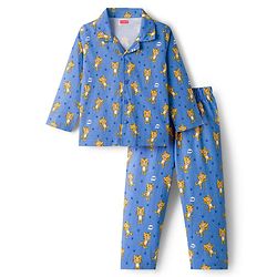Babyhug Cotton Knit Full Sleeves Co-ords Night Suit With Animal Print - Blue