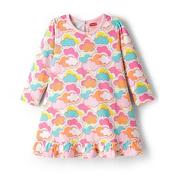 Babyhug Cotton Knit Full Sleeves Nighty With Cloud Print - Pink