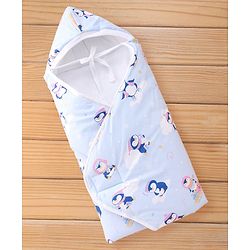 Babyhug 100% Cotton Hooded Quilted Wrapper Penguin Print - Blue| Travel Friendly| Washable and Easy to Maintain| Breathable Fabric| Velcro Closure| Warm and Cozy| New Born Gifting Option
