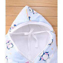 Babyhug 100% Cotton Hooded Quilted Wrapper Penguin Print - Blue| Travel Friendly| Washable and Easy to Maintain| Breathable Fabric| Velcro Closure| Warm and Cozy| New Born Gifting Option
