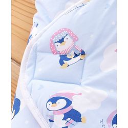 Babyhug 100% Cotton Hooded Quilted Wrapper Penguin Print - Blue| Travel Friendly| Washable and Easy to Maintain| Breathable Fabric| Velcro Closure| Warm and Cozy| New Born Gifting Option
