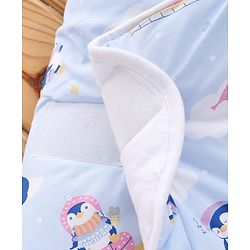 Babyhug 100% Cotton Hooded Quilted Wrapper Penguin Print - Blue| Travel Friendly| Washable and Easy to Maintain| Breathable Fabric| Velcro Closure| Warm and Cozy| New Born Gifting Option