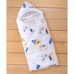 Babyhug 100% Cotton Hooded Quilted Wrapper Penguin Print - Blue| Travel Friendly| Washable and Easy to Maintain| Breathable Fabric| Velcro Closure| Warm and Cozy| New Born Gifting Option