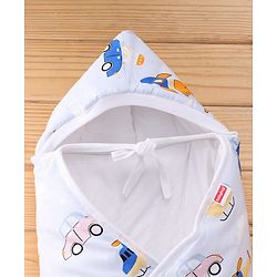 Babyhug 100% Cotton Hooded Quilted Wrapper Penguin Print - Blue| Travel Friendly| Washable and Easy to Maintain| Breathable Fabric| Velcro Closure| Warm and Cozy| New Born Gifting Option