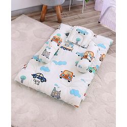 Babyhug 100% Cotton Gadda Bedding Set Cute Car Print - White| Soft & Breathable Cotton Shell| Mattress with Pillow & 2 Bolsters| Gentle Cushioned Support| Gifting Option for 0 to 12 Months