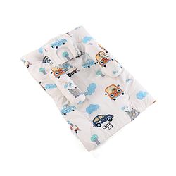 Babyhug 100% Cotton Gadda Bedding Set Cute Car Print - White| Soft & Breathable Cotton Shell| Mattress with Pillow & 2 Bolsters| Gentle Cushioned Support| Gifting Option for 0 to 12 Months