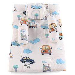 Babyhug 100% Cotton Gadda Bedding Set Cute Car Print - White| Soft & Breathable Cotton Shell| Mattress with Pillow & 2 Bolsters| Gentle Cushioned Support| Gifting Option for 0 to 12 Months