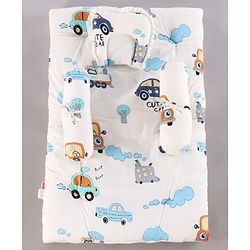 Babyhug Premium Super Saver Bedding Combo Set of 3 - Cute Car Print 100% Cotton| Pillows & Bolsters Included Lightweight & Travel Friendly Breathable Fabric Gifting Option for 0 to 6 Months - Beige