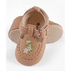 Cute Walk by Babyhug Velcro Closure Booties with Floral Embroidery - Beige