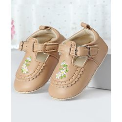 Cute Walk by Babyhug Velcro Closure Booties with Floral Embroidery - Beige