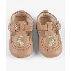 Cute Walk by Babyhug Velcro Closure Booties with Floral Embroidery - Beige