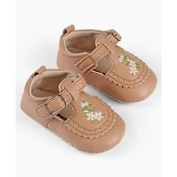 Cute Walk by Babyhug Velcro Closure Booties with Floral Embroidery - Beige