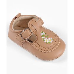 Cute Walk by Babyhug Velcro Closure Booties with Floral Embroidery - Beige