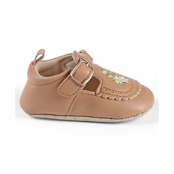 Cute Walk by Babyhug Velcro Closure Booties with Floral Embroidery - Beige
