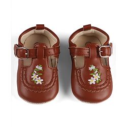 Cute Walk by Babyhug Velcro Closure Booties with Floral Embroidery - Beige