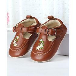 Cute Walk by Babyhug Velcro Closure Booties with Floral Embroidery - Beige