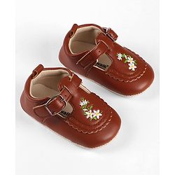 Cute Walk by Babyhug Velcro Closure Booties with Floral Embroidery - Beige