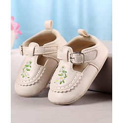 Cute Walk by Babyhug Velcro Closure Booties with Floral Embroidery - Beige