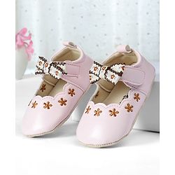 Cute Walk by Babyhug Velcro Closure Booties with Floral Embroidery & Bow Applique - Peach
