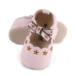 Cute Walk by Babyhug Velcro Closure Booties with Floral Embroidery & Bow Applique - Peach
