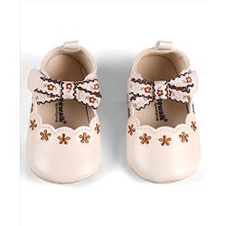 Cute Walk by Babyhug Velcro Closure Booties with Floral Embroidery & Bow Applique - Peach
