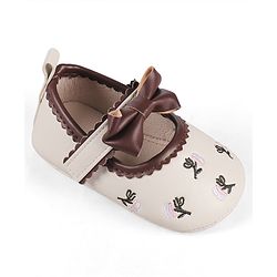 Cute Walk by Babyhug Velcro Closure Booties with Floral Embroidery & Bow Applique - White