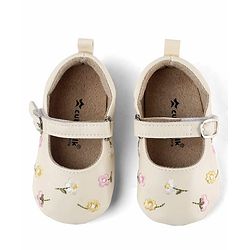 Cute Walk by Babyhug Velcro Closure Booties with Floral Embroidery - White