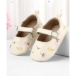 Cute Walk by Babyhug Velcro Closure Booties with Floral Embroidery - White
