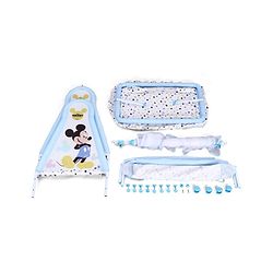 Babyhug Disney Mickey & Friends Baby Cradle with Mosquito Net & Storage  Blue| Tool Free Easy Assemble| Swing Lock| Wheels with Lock| Side Mesh Window| Smootgh Noise Free Swing