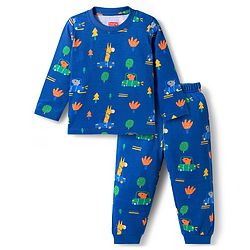 Babyhug Cotton Knit Full Sleeves Co-ords Night Suit With Animal Print - Navy Blue