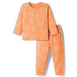 Babyhug Cotton Knit Full Sleeves Co-ords Night Suit With Vehicle Print - Orange