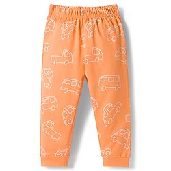 Babyhug Cotton Knit Full Sleeves Co-ords Night Suit With Vehicle Print - Orange