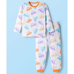Babyhug Cotton Knit Full Sleeves Co-ords Night Suit with Car Print - White