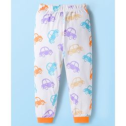 Babyhug Cotton Knit Full Sleeves Co-ords Night Suit with Car Print - White