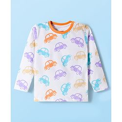 Babyhug Cotton Knit Full Sleeves Co-ords Night Suit with Car Print - White