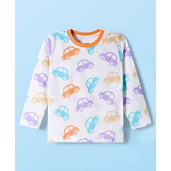 Babyhug Cotton Knit Full Sleeves Co-ords Night Suit with Car Print - White