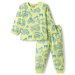 Babyhug Cotton Knit Full Sleeves Night Suit With Vehicle Print - Green